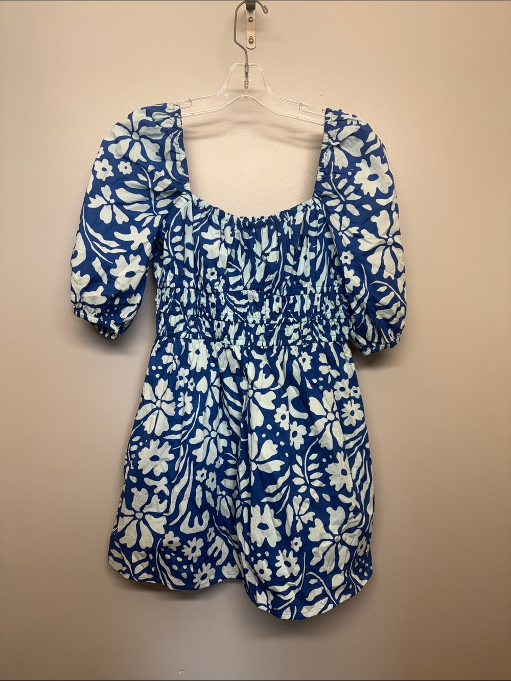 Faithfull the Brand Anthropologie Blue and White Floral Puff Sleeve Midi Dress